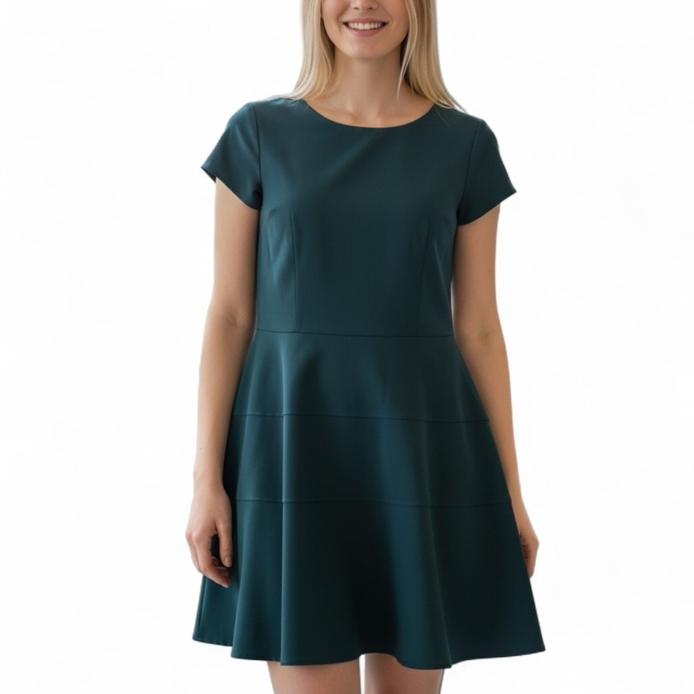 THEORY Women’s Fit and Flare Mini Dress Scoop Neck Emerald Green 12 cap sleeve